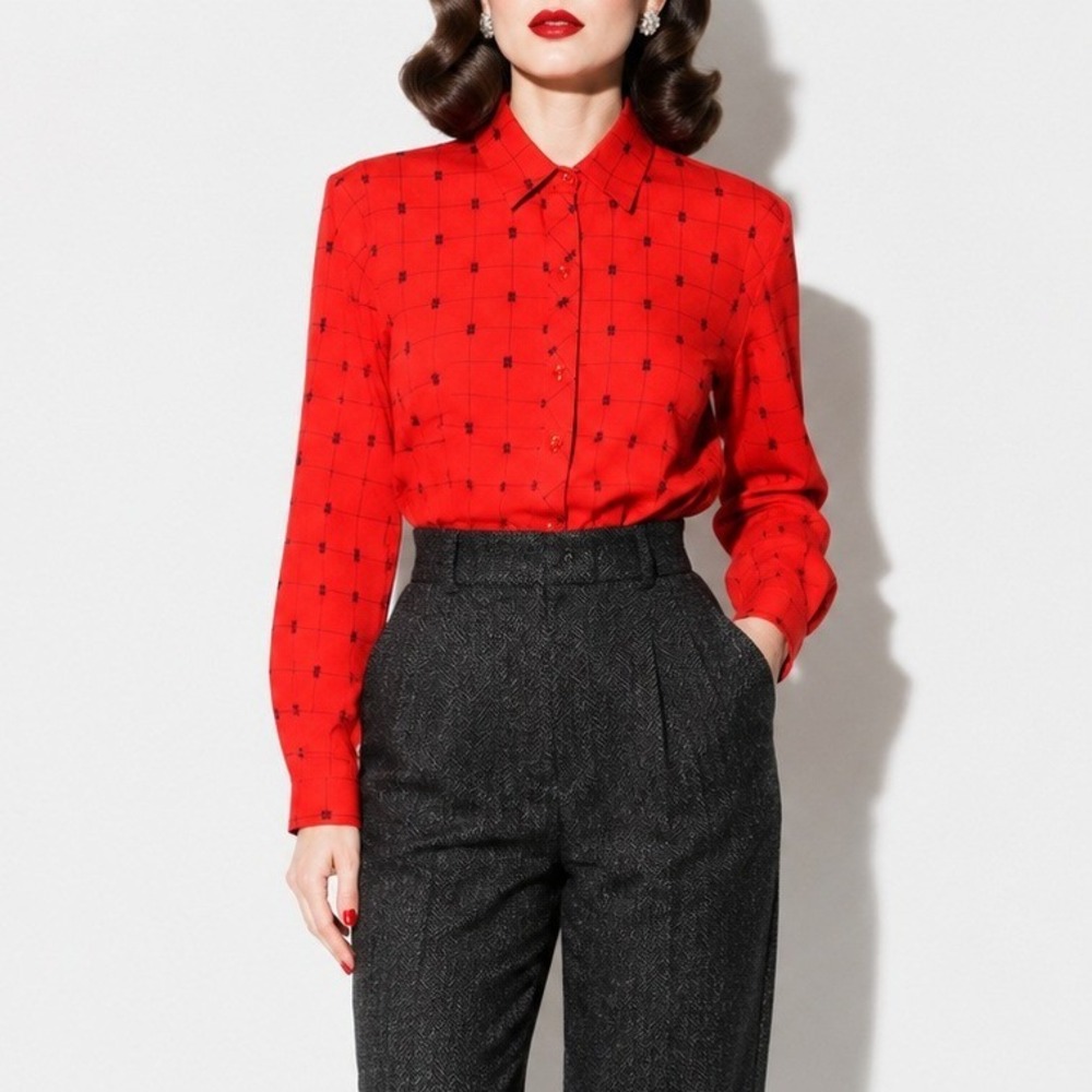 70s Vintage Red Embroidered Top Womens S Koret Button Front Mod Secretary Blouse